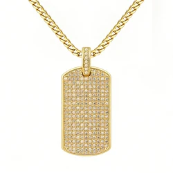 VANAXIN Paved Fashion Pendant Necklace for Men Women 14k Gold Color Iced Out Square Bling Punk Mini Jewelry Dog Tag Shiny Gift
