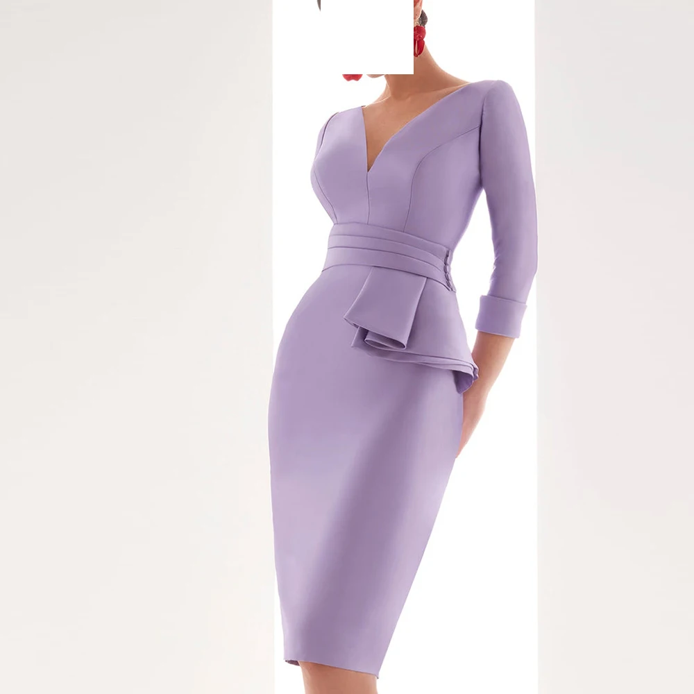 

Formal Purple V Neck Jersey Evening Dress Knee Length 3/4 Sleeves Zipper Back Buttons Straight Bespoke Occasion Gowns