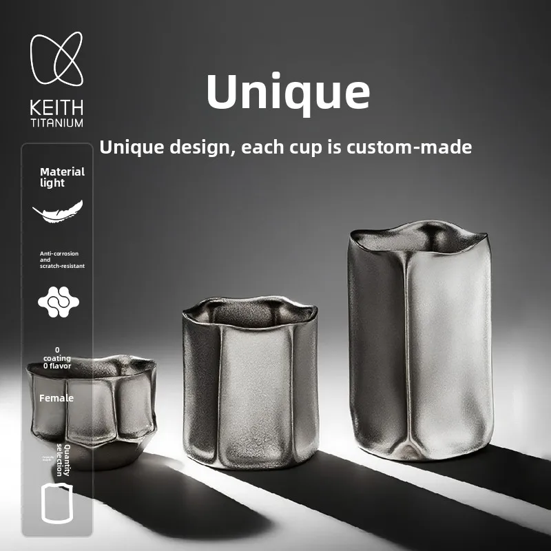 KEITH Pure Titanium Cup Unique Handcrafted Irregular Design Lightweight Luxury Open Cup for Coffee Tea Whiskey Home Office