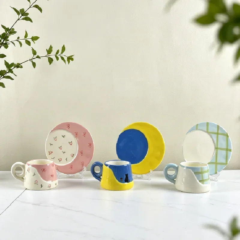 Creative Pink Bow Geometric Ceramic Coffee Cup with Saucer Home Breakfast Oat Milk Cup 300ml Large Capacity Tea Cup Home Decor