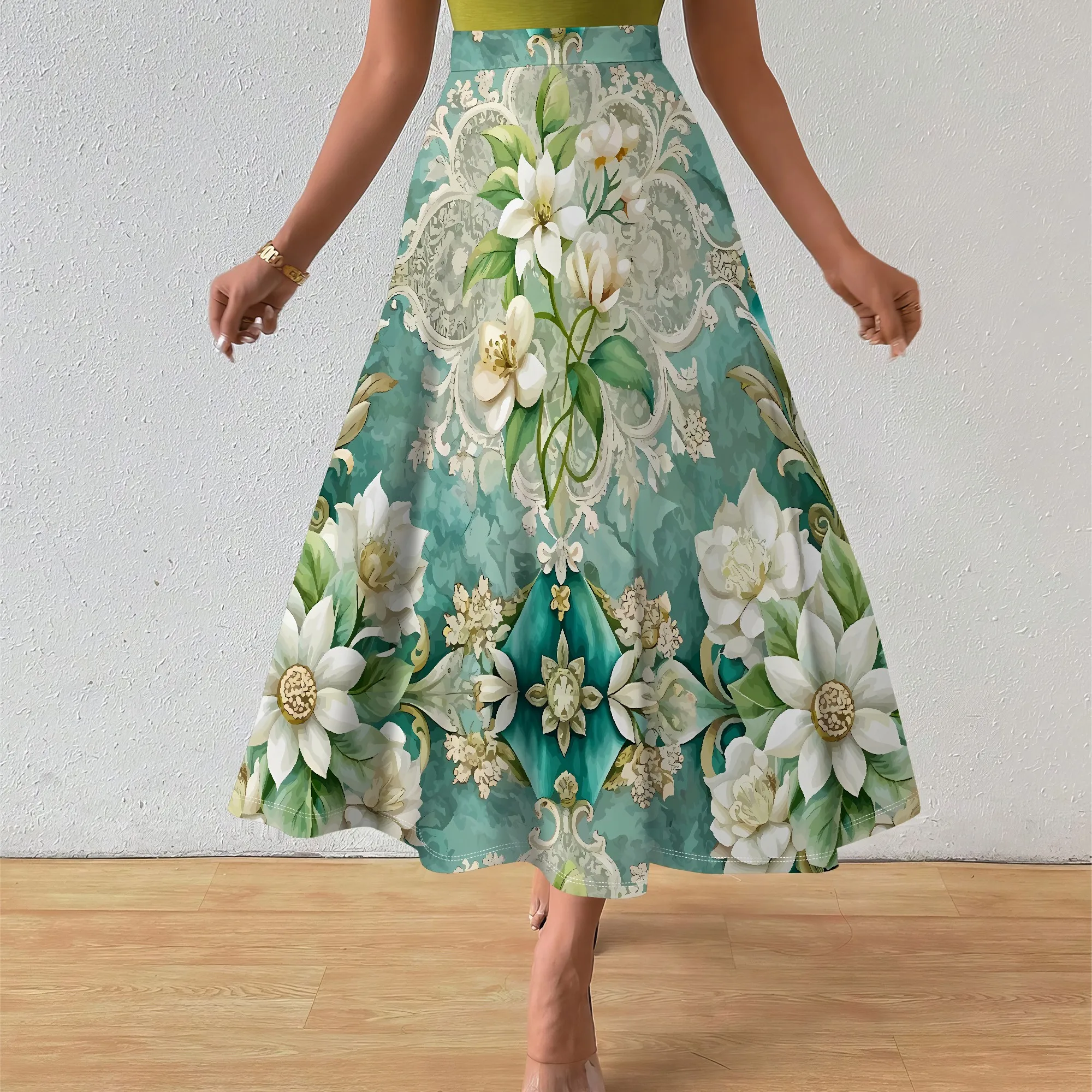 

EQQZD Elegant Floral Print A-Line Midi Skirt, High Waisted Women's Spring Summer Skirt