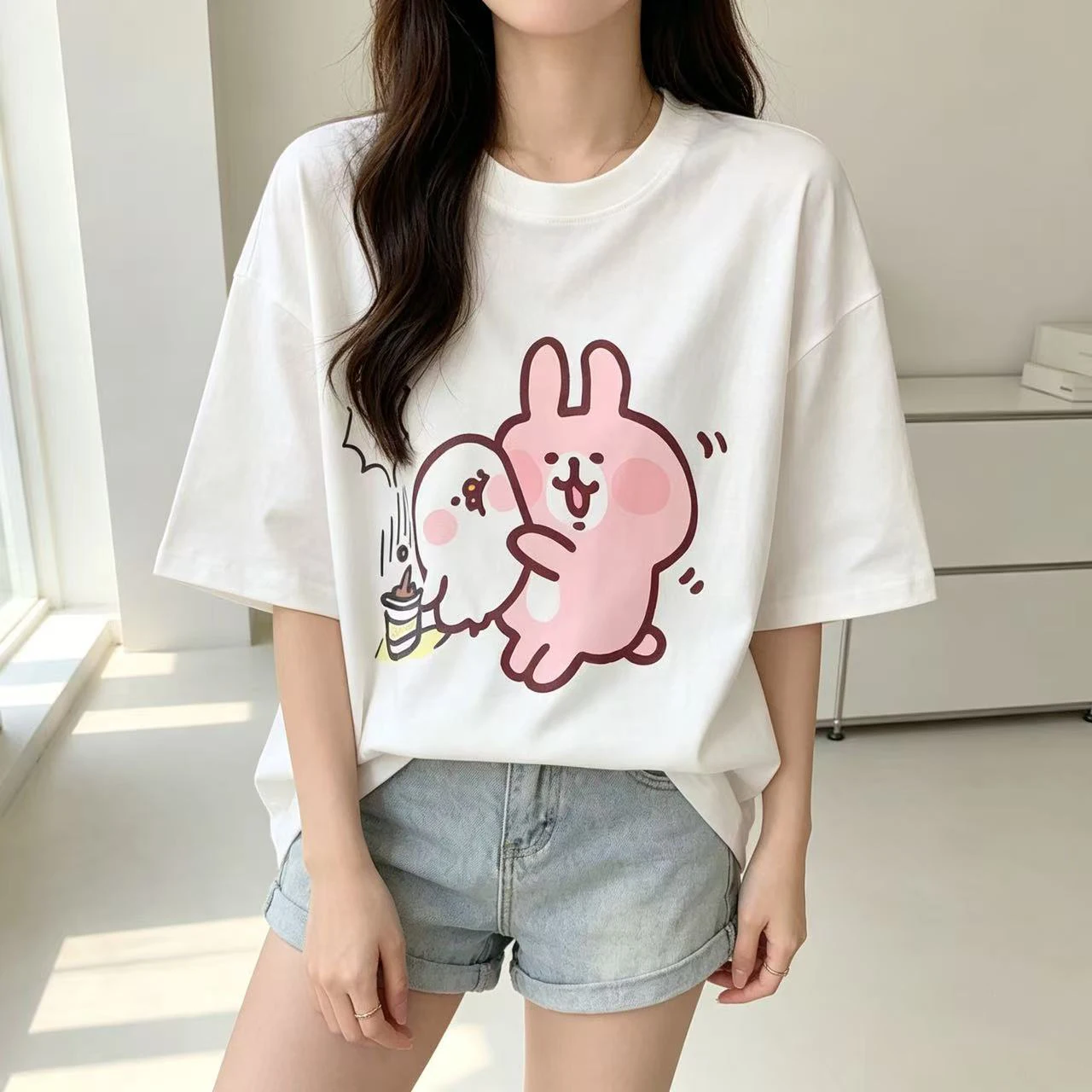 Japanese Usagi Chiikawa Couple printed short sleeved shirt sweat-absorbing cute Usagi versatile T-shirt Comfortable pure cotton - view 5