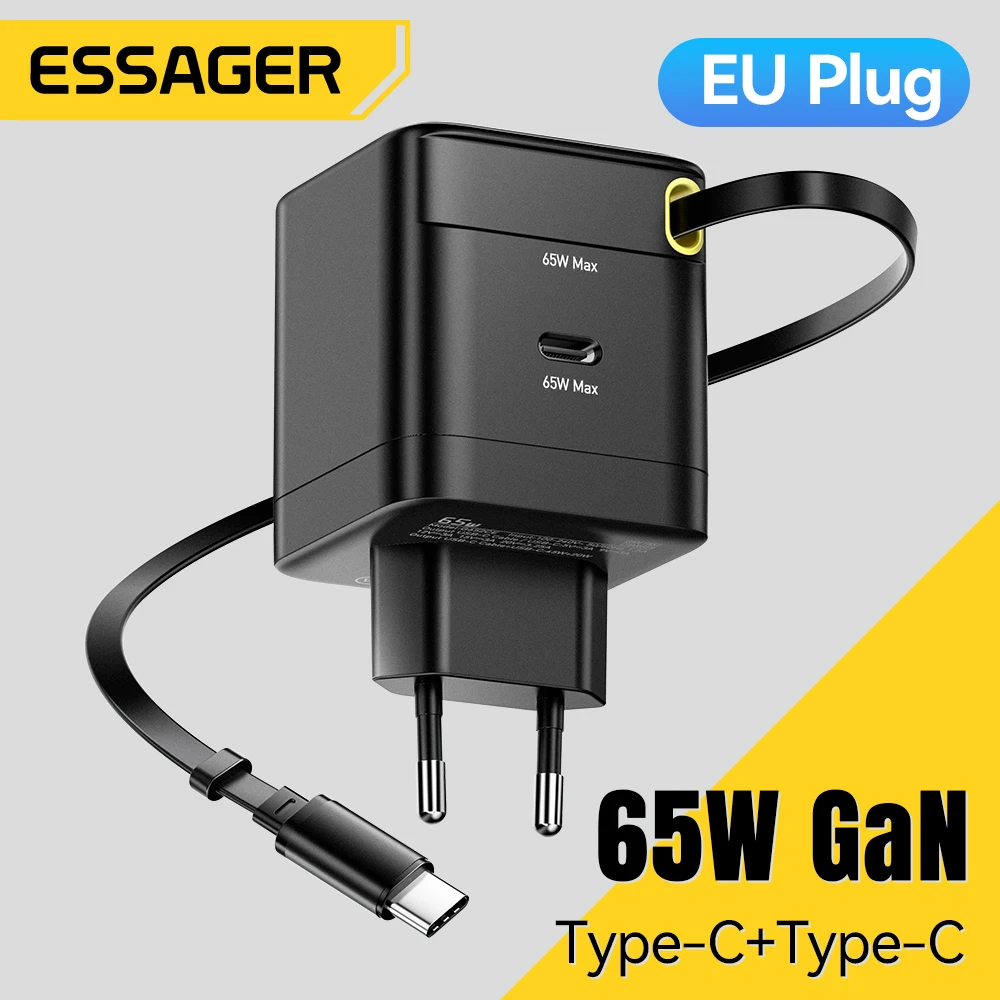 Essager 65W GaN Charger with Retractable Cable PD Fast Charging for Laptop Macbook iPhone 16 15 14 Xiaomi Type-C Phone Charger