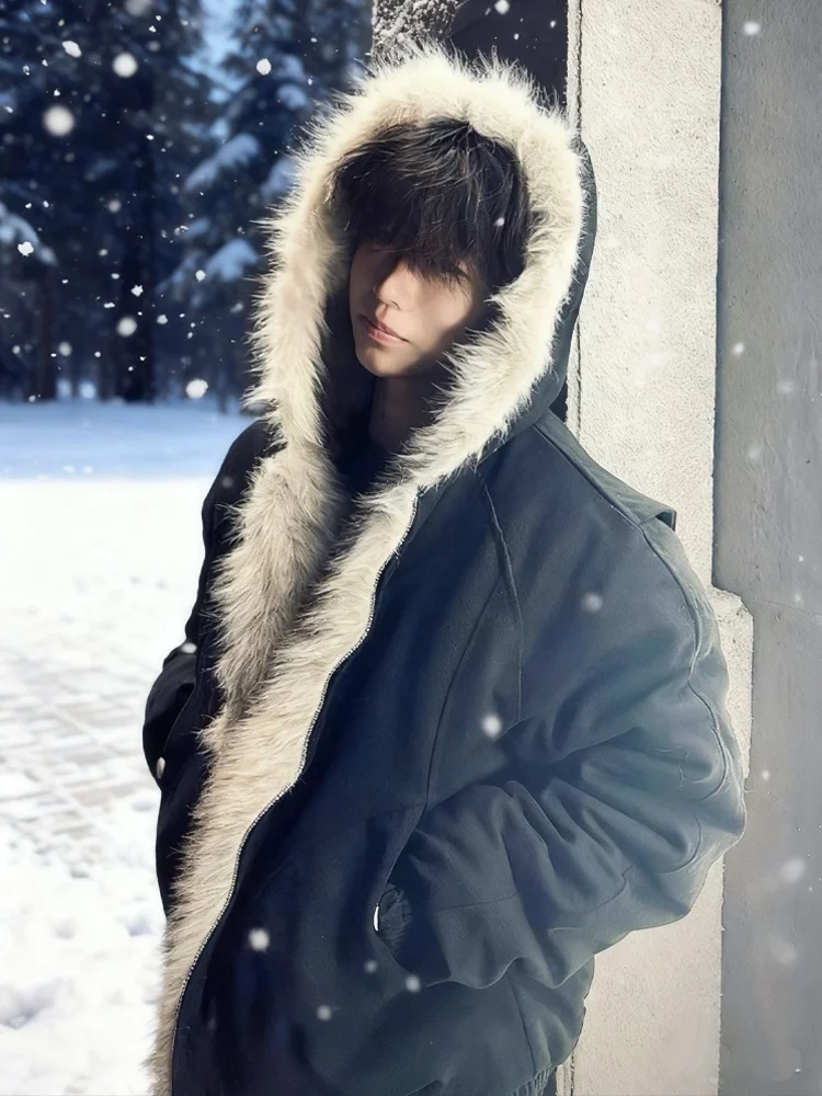 

Men's ort Thiened Winter Jaet American Sle Mountain Eagle Fur Collar Fce Lined Warm Cotton Coat Cleanfit Youth Fas...