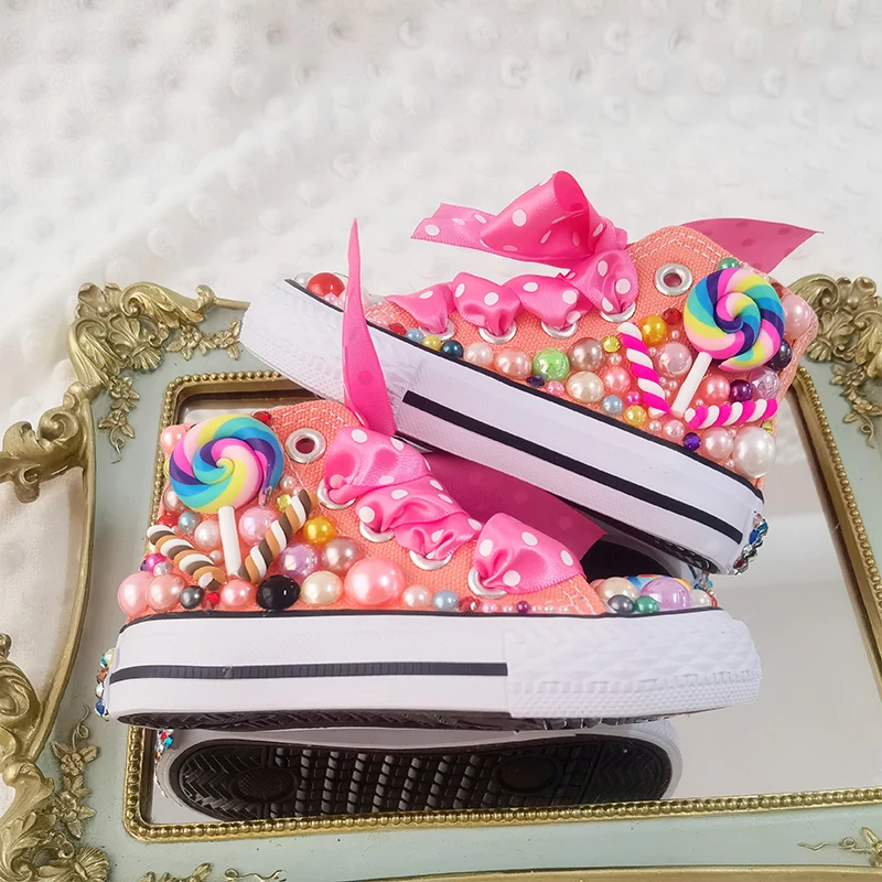 Random Lollipop Rainbow Candy Canvas Simulation DIY Kids Pearls Sneakers For Girl Birthday Party Dollbling Handmade Bling Shoes