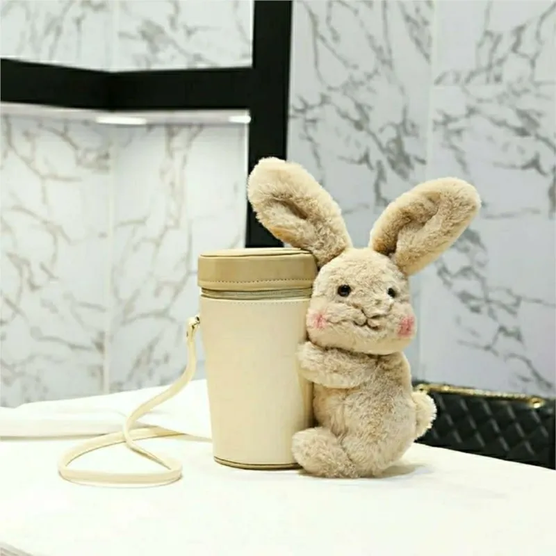 

JIAERDI Cute Plush Rabbit Cup Bag Women Fluffy Decor Bucket Round Shoulder Bag Ladies Cartoon Creative Everyday Crossbody Bags