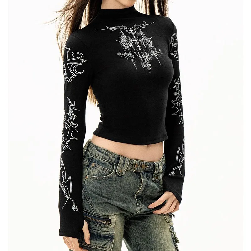 Grunge Women T-Shirt Y2k Aesthetics Half high neck Tees Graphical Print  Long Sleeve Sheer Tops Punk Alternative Crop Tops EMO