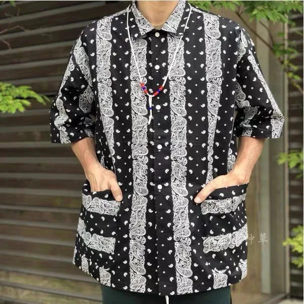 

Japanese Style Heavy Texture Pocketed Short Sleeve Shirt Collared Beach Shirt Men's Women's Trendy Floral Print Loose Fit Sum...