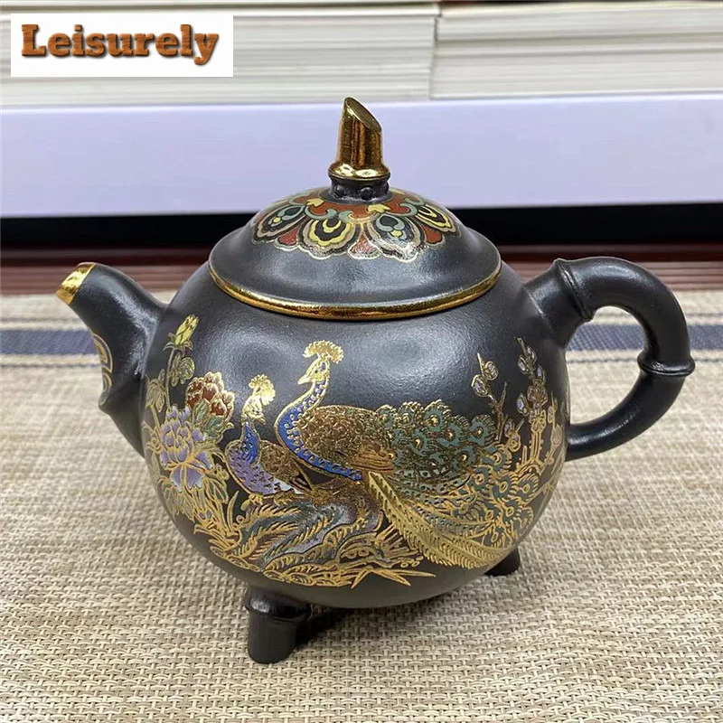 320ml Yixing Purple Clay Teapot Handmade Tripodia Peacock Colour Enamels Pot Raw Ore Stone Yellow Mud Kettle Filter Zisha Teaset