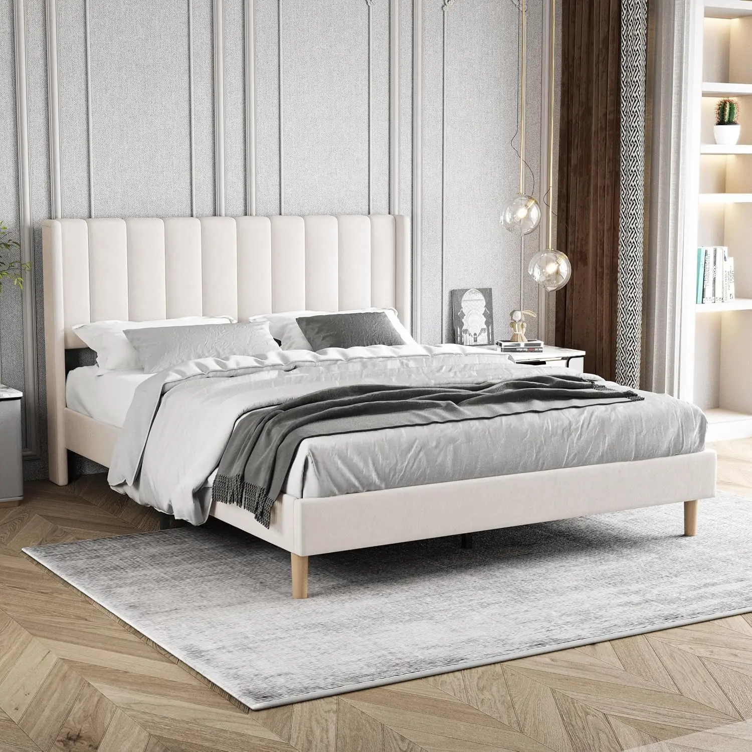 Queen Size Bed Frame with Headboard, Modern Upholstered Velvet Platform Bed, Heavy Duty Wooden Slats Support, No Box Spring Need