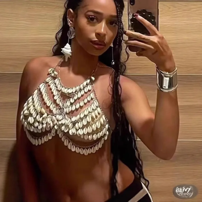 Customized Belly Dancing Handmade Shell Beach Chest Chain Body Chain Corset Festival Outfit Handmade Chain Vest