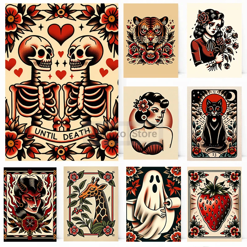 Traditional Tattoo Poster Old School Style Tattoo Prints Canvas Painting Wall Art Pictures Home Room Street Culture Decoration
