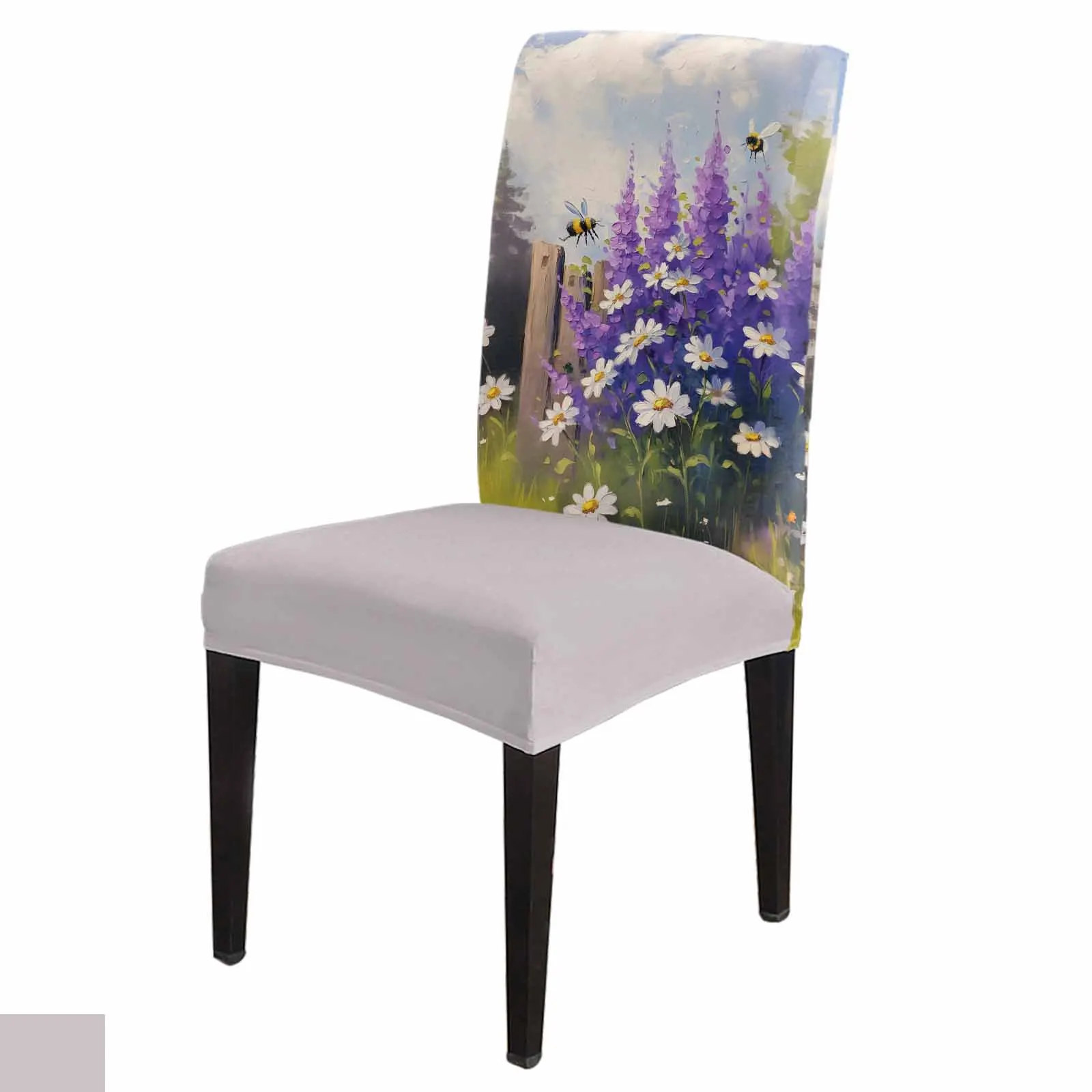 Oil Painting Purple Lavender Daisy Bee Chair Cover for Dining Room Spandex Stretch Seat Cover for Wedding Banquet Seat Case