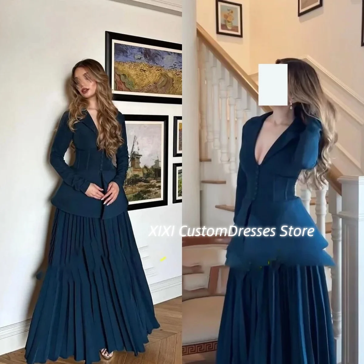 

Customized Dubai Luxury فساتين سهرة V-Neck Ruffle Floor-Length Long Sleeves Formal Occasion Dresses Zipper Up Lining Prom Dresse