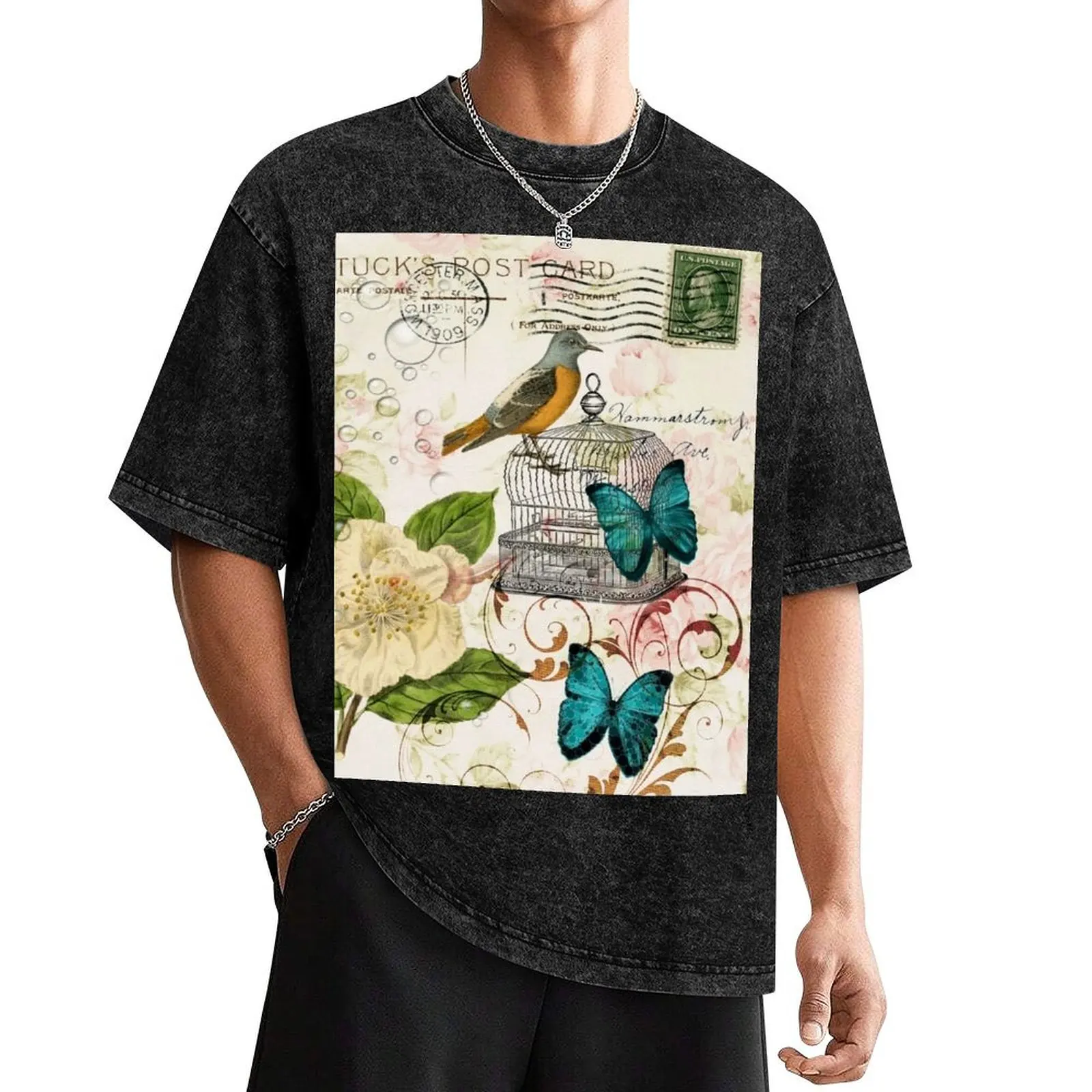 

spring teal butterfly french bird rose botanical floral T-Shirt luxury designer summer top mens graphic t-shirts big and tall