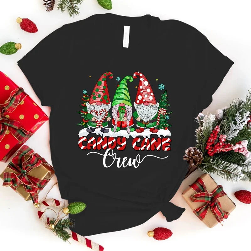 

New Hot Christmas Gnome Candy Cane Crew Printed T-Shirts Women Girl Unisex Casual Loose Round Neck Creative Personalized T-Shirt
