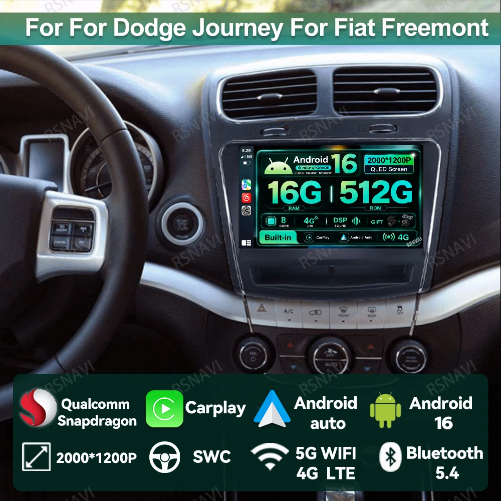 Radio para Auto Android 16 para Dodge Journey y Fiat Freemont, 5G WIFI, DVD, GPS, Multimedia, Carplay Inalámbrico, Reproductor de Video, DSP 1