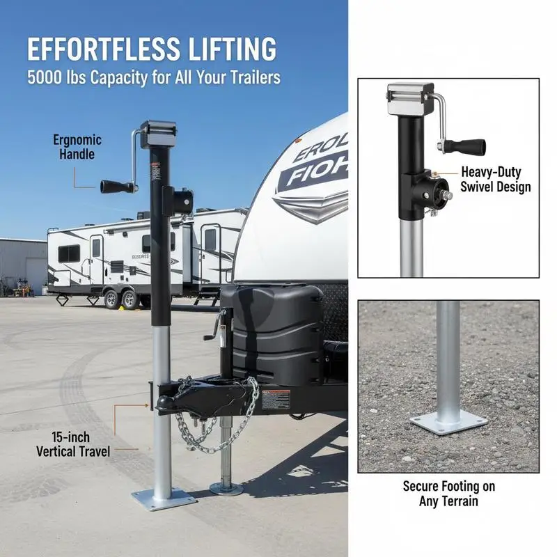 

Pipe-Mount Swivel Support Leg 15-inch Vertical Travel For RV Horse Utility Trailer 5000 lbs Dynamic Load Capacity Ergonomic Handle Lift Manual Crank Adjustment