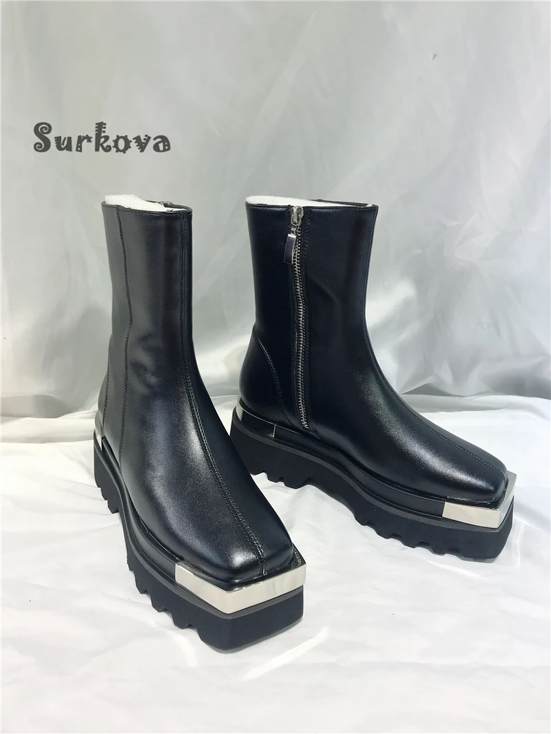 

New Metal Square Toe Knights Boots Black Concise Thick Bottom Side Zipper Leather Short Boots Women's Mid-Calf Motorcycle Shoes