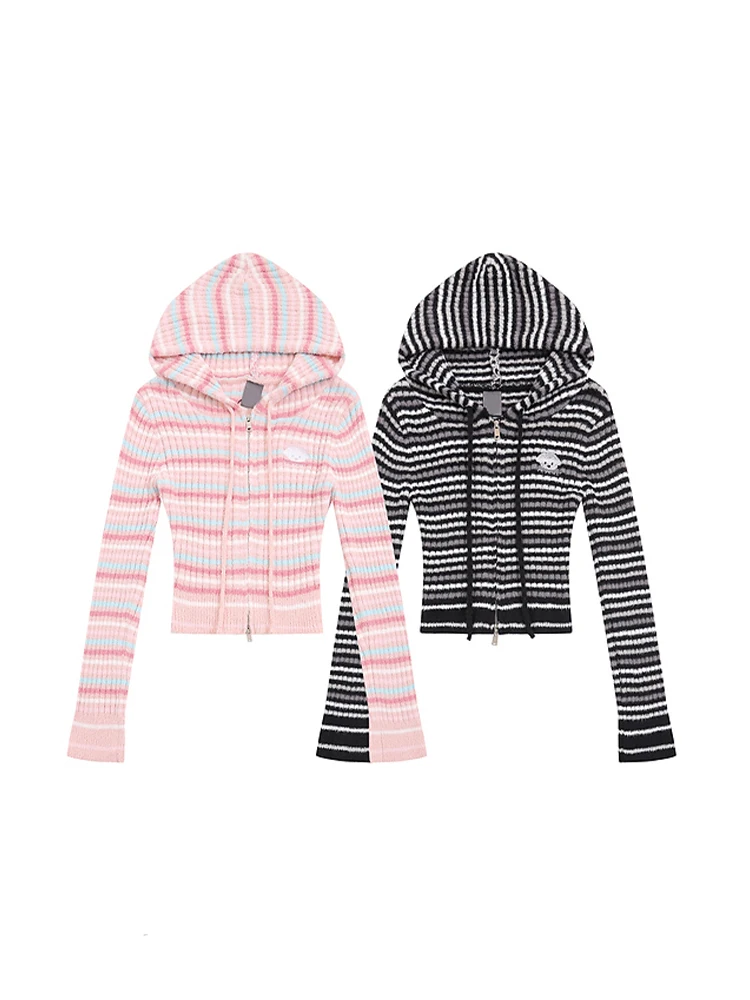 Autumn Winter Woman Korean Fashion Sweet Striped Hoodie Sweater Knitwears Long Sleeve 2000s Aesthetic Y2k Cute Core New Colorful