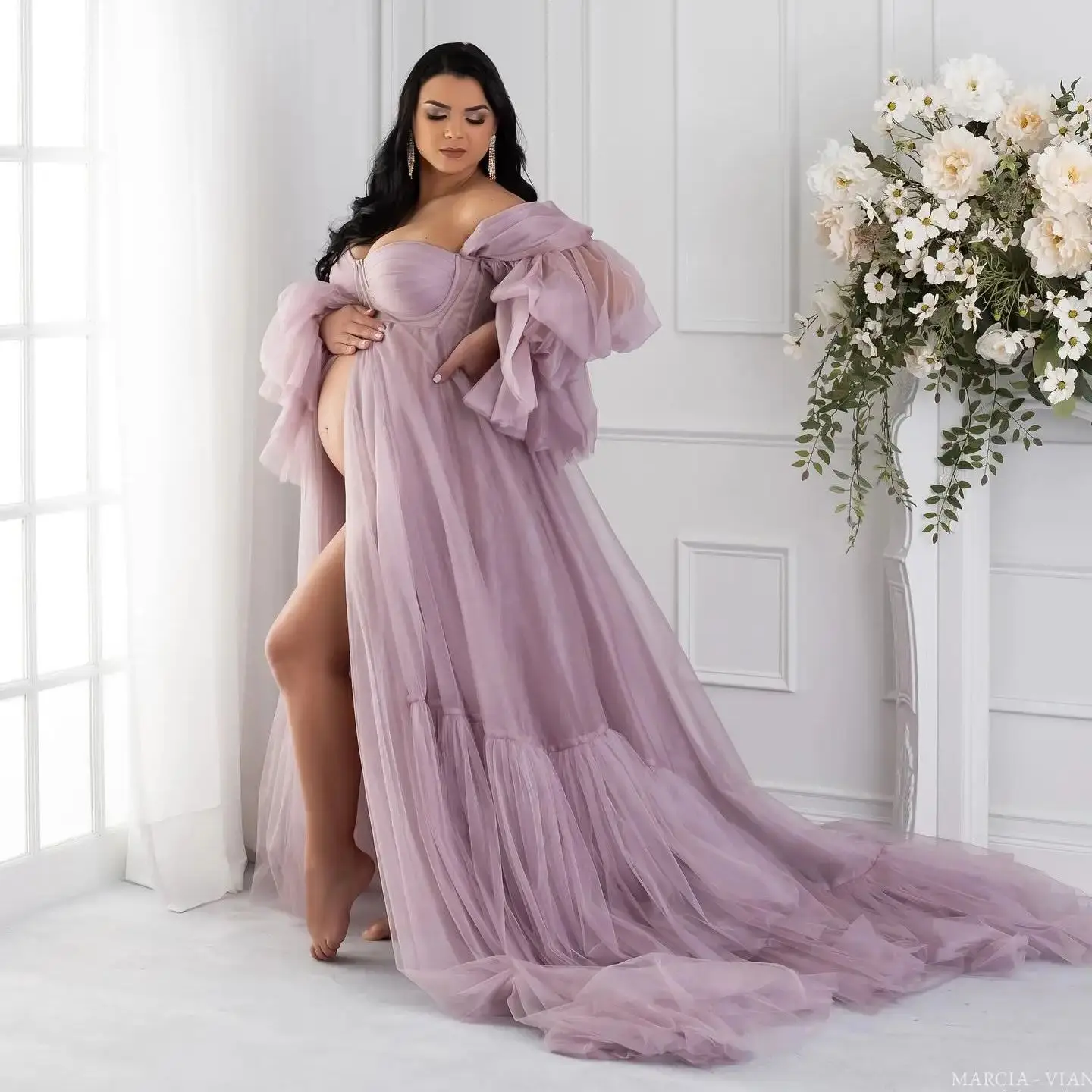 

Illusion Purple Maternity Dresses for Photography Off Shoulder Long Sleeves Vestidos Princess Prom Dress for Pregnant Woman