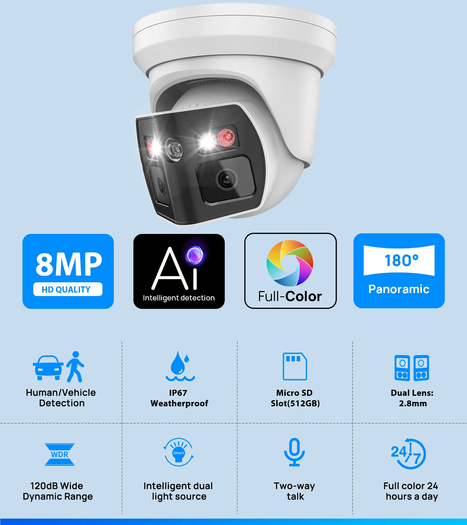 Vikylin 8MP Panoramic Dual Light IP Camera Two-way Talk CCTV POE Security Camera Onvif IP66 Metal Video Surveillance