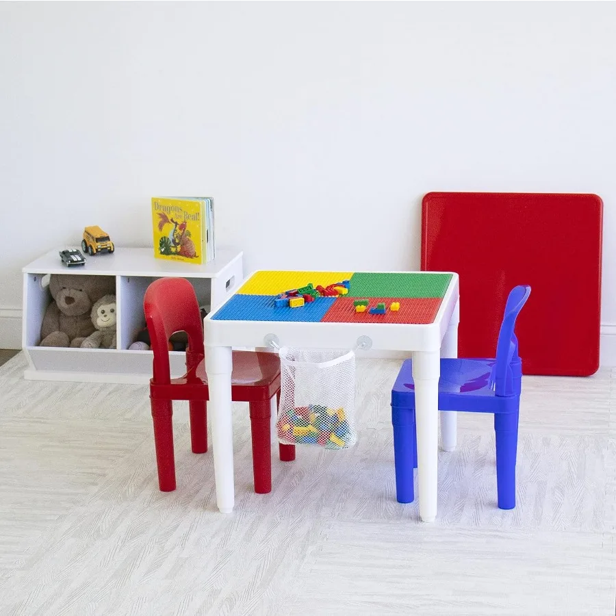 Humble Crew White Blue Red 2-in-1 Plastic Building Blocks-Compatible Activity Table and 2 Chairs Set Square Toddler