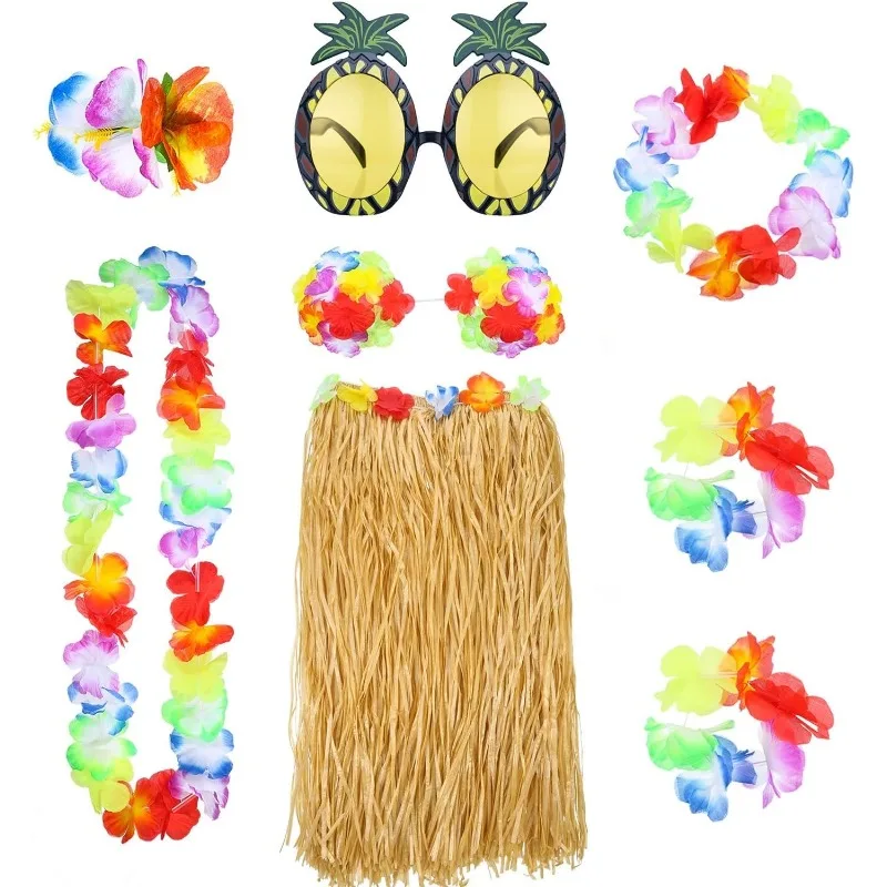 

8 Pcs Hawaiian Grass Hula Skirt Costume Set Sunglasses Necklace Garland Bracelet Bikini Top for Women Xmas Luau Party Decor