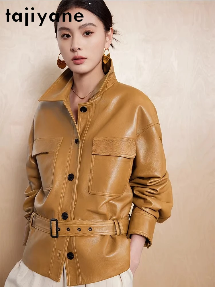 TAJIYANE Echte Olie Wax Schapenvacht Jas Vrouw Korte Riem Jas Hoge Kwaliteit Echt Lederen Jassen 2025 Herfst Vrouwen Kleding 12.12