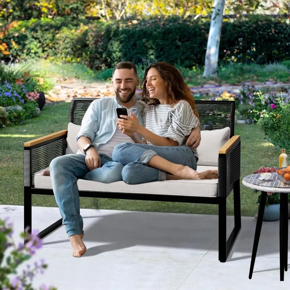 Wicker Patio Loveseat – All-Weather Rattan Outdoor Furniture, Conversation Loveseat with Wooden Accents for Backyard