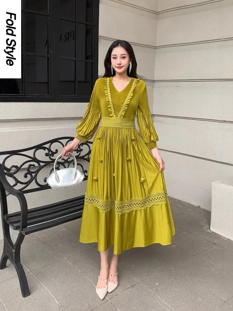 

2022, плиссированное свободное платье Miyake, модное кружевное темпераментное элегантное тонкое платье, женская одежда