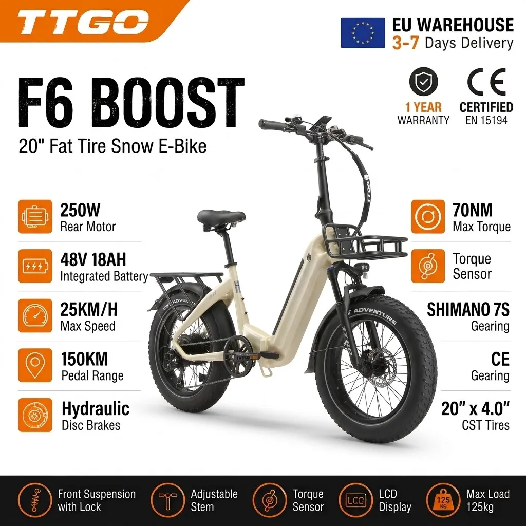Image of TTGO F6 Boost Elektrofahrrad, faltbar, 20" Fat Tire E-Bike, 48V 18Ah herausnehmbarer Akku, 250W Heckmotor, 70Nm Drehmomentsensor, 7-Gang-Schaltung, hydraulische Scheibenbremsen, 150 km Reichweite,