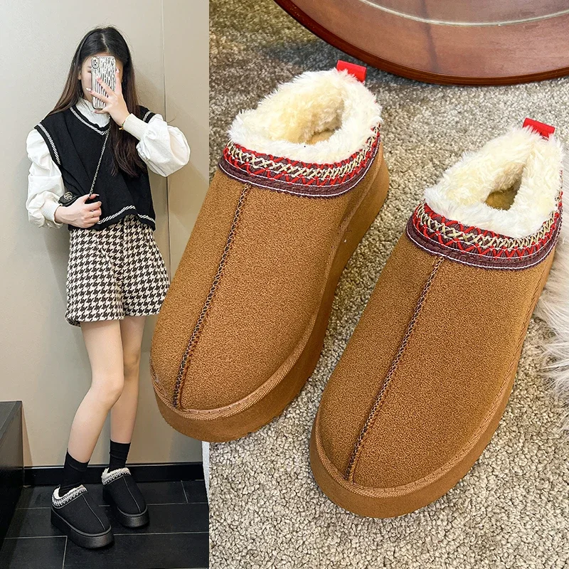 

Women Shoes Suede Flats Platform Warm Causal Slippers New Autumn Winter Snow Boots Fur Round Toe Slingback Mujer Zapatillas