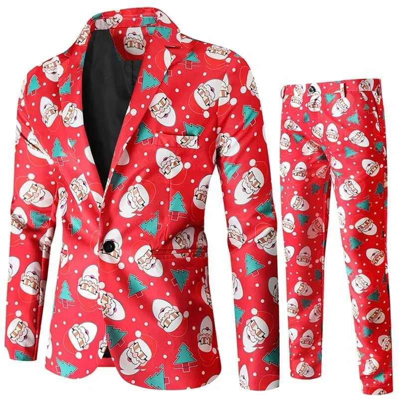 Men Tuxedo Suits Christmas 2 Piece Regular Fit Suit Snowflake Santa Print Blazer Jacket Pants Suit Set Party Outfits