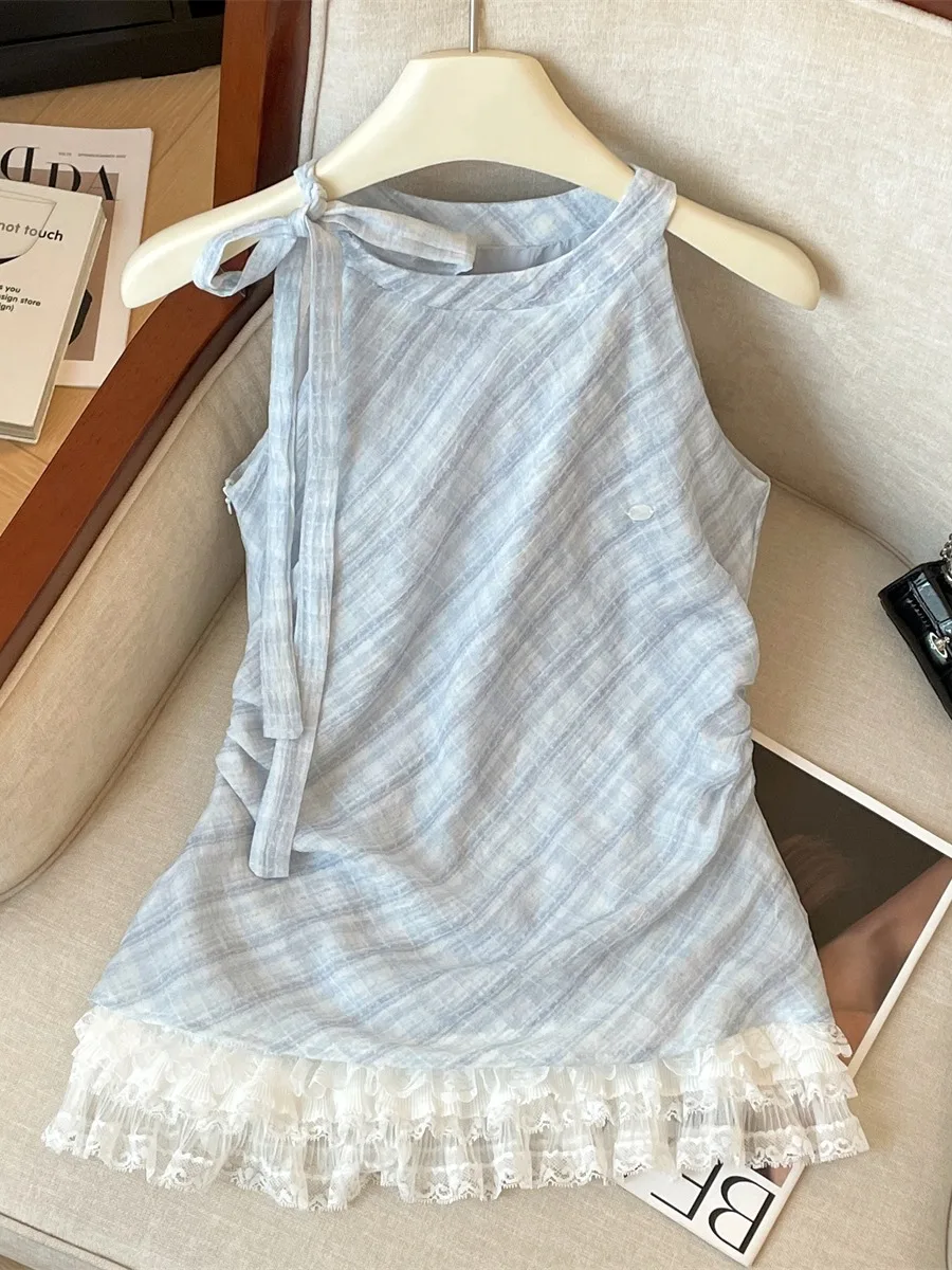 Blauw Kant Splice Geplooide Svel irt Dames Zomer Nieuwe Sle Super Witte Polka Dot Chiffon Top Faionable En Ele