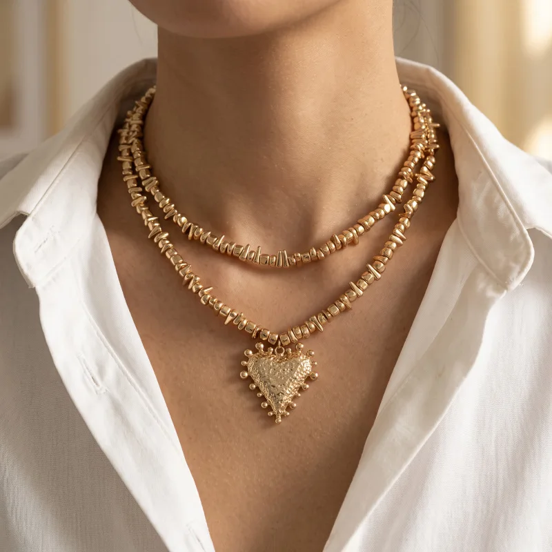 Vintage Irregular CCB Bead Heart-Shaped Pendant Necklaces for Women Fashion Double Layer Chokers Accessory Holiday Jewelry
