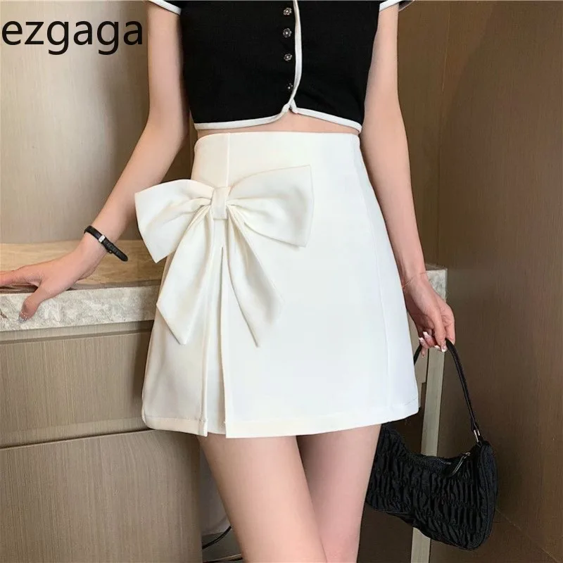 

Ezgaga Mini Skirts Women 2025 Summer Bowknot High Waist Elegant Solid Slim French Style Chic Skirt Female Fashion Casual