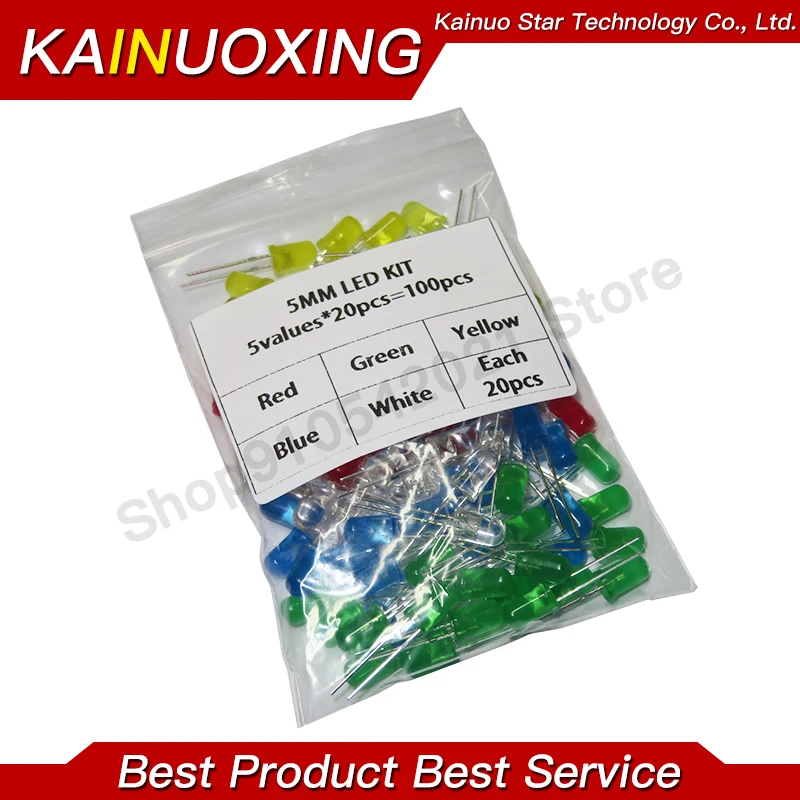5value*20PCS=100PCS 5MM LED Diode Light Assorted Kit Green Blue White Yellow Red COMPONENT DIY