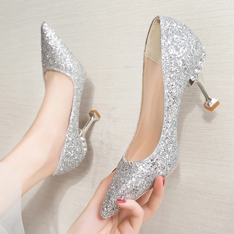 Lucyever Gold Silver Sequins Women Pumps 2024 Luxury Crystal High Heel Party Wedding Shoes Woman Elegant Pointed Toe Pumps Mujer