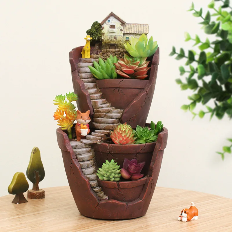 

Layer Sky Garden Resin Planter Box Artistic Desktop Succulent Cacti Sedum Bonsai Pot Fairy Garden Decor Resin Craft Ornamentent
