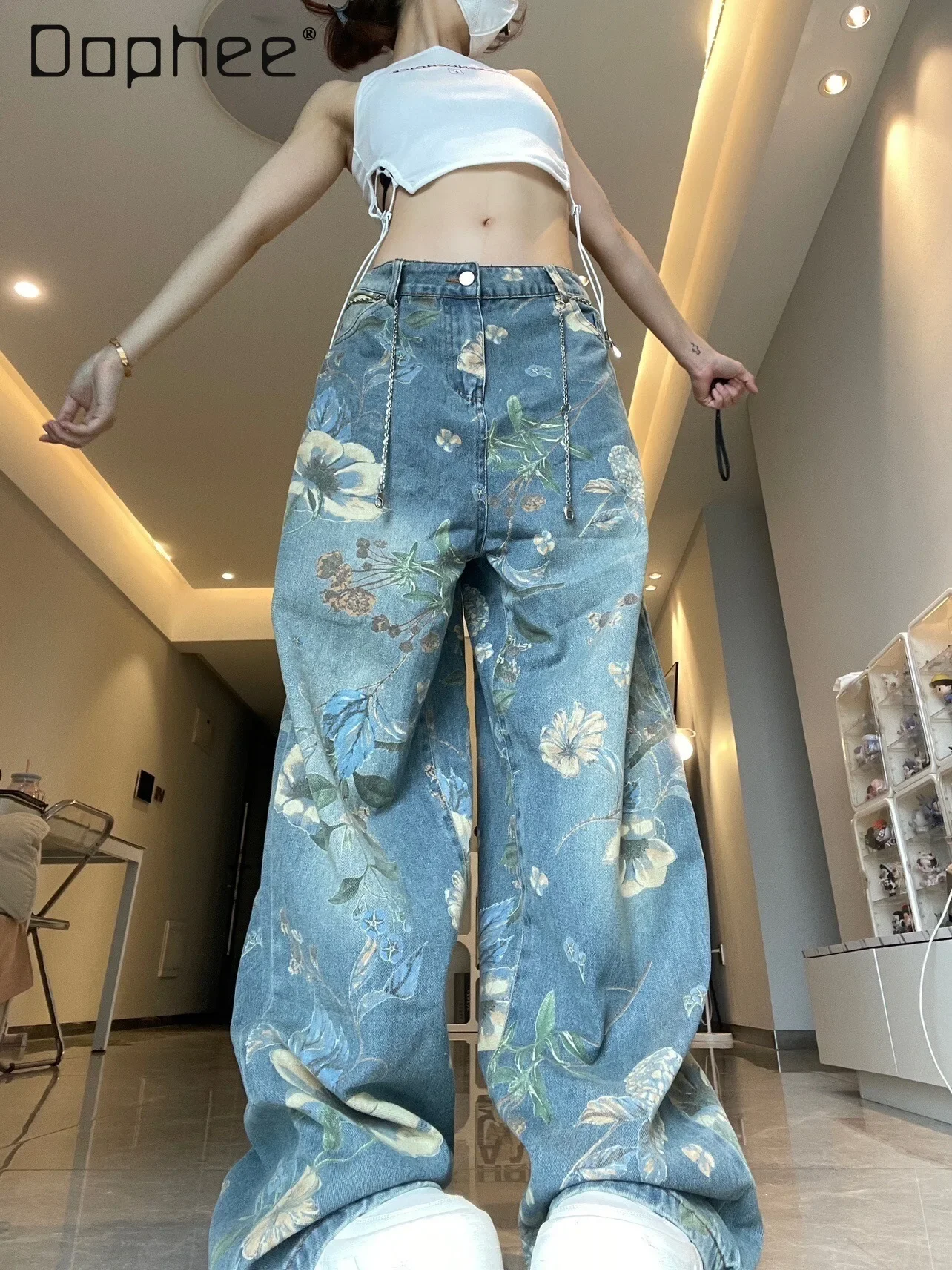 American Retro Flower Print Jeans for Women Vintage Y2k High Waist Wide Leg Baggy Denim Pants Streetwear Hip Hop Fashion Autumn