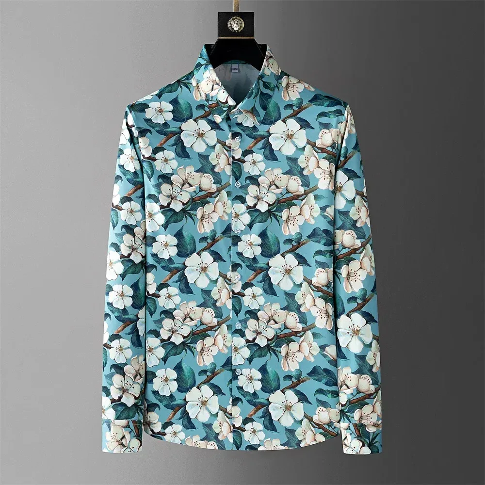 

Men's seamless elastic floral shirt, with a covered cut, long sleeves, casual shirt, business, social parties, tailcoat, men's