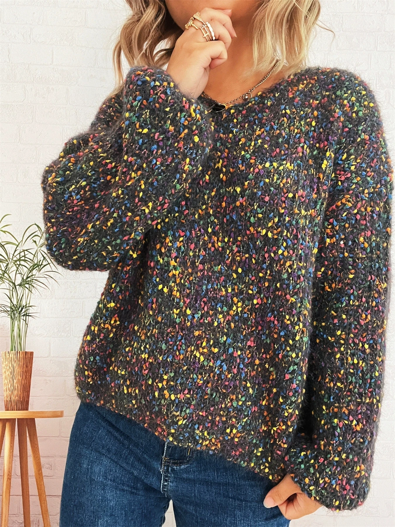 Colorful Knitted Sweater Women Autumn Winter New V-neck Long Sleeve Pullover Sweaters Fashion Lady Commuting Knitwear Clothing