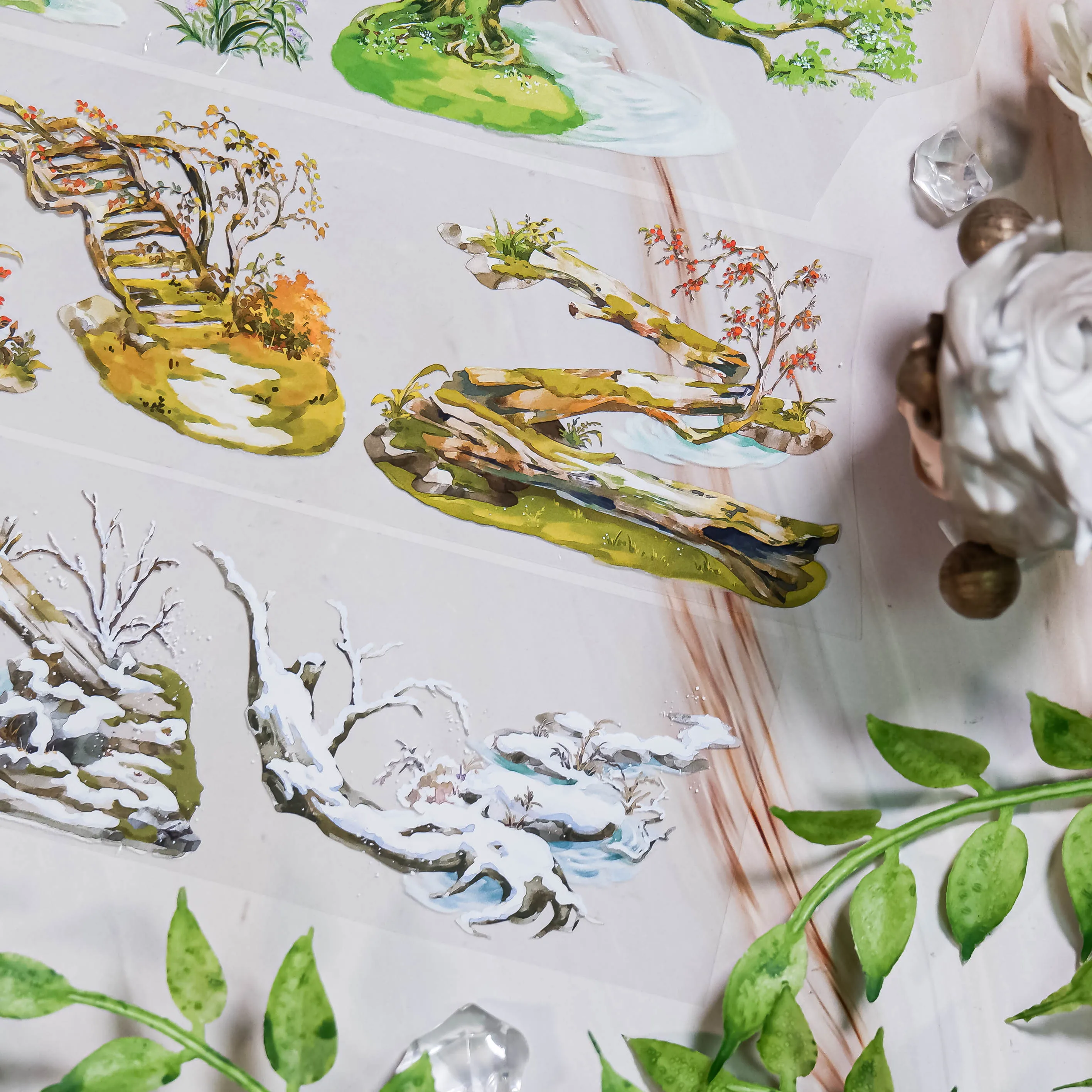 

Daxiangjun PET tape, water beam, land-made 5mpet white ink + release paper, bridge wooden bridge ancient style collage, landscap