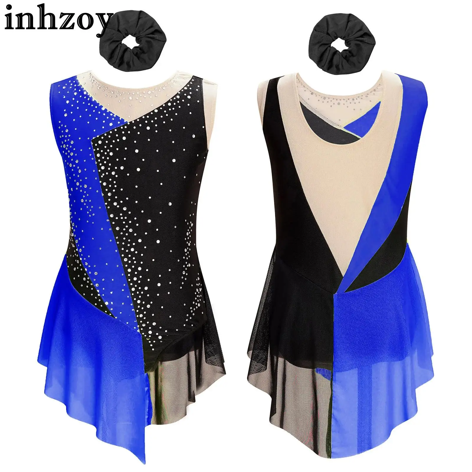 Children Girls Figure Skating Costume Sleeveless Rhinestone Mesh Leotard Dress with Headband for Lyrical Dance Ballet Gymnastics