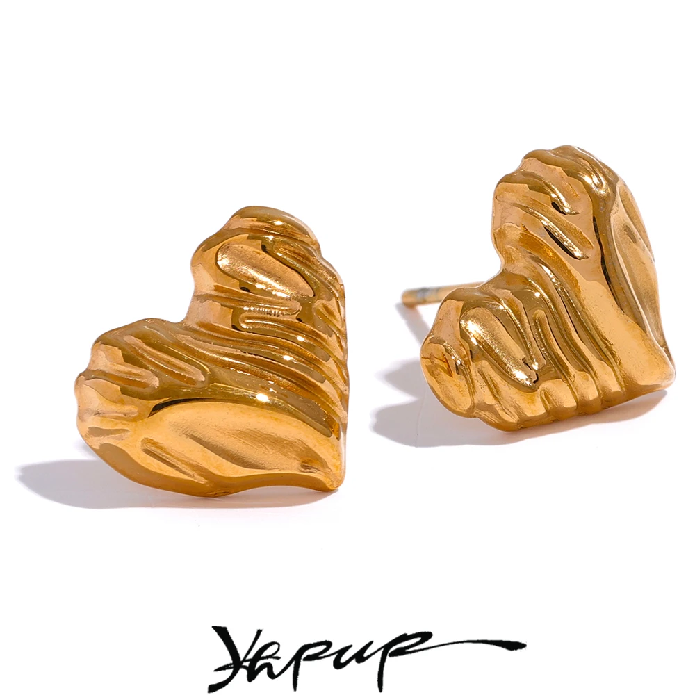 

Yhpup Gold Color Heart Stud Earrings for Women Stainless Steel 18K PVD Plated Texture Waterproof Charm Jewelry Wholesale Femme