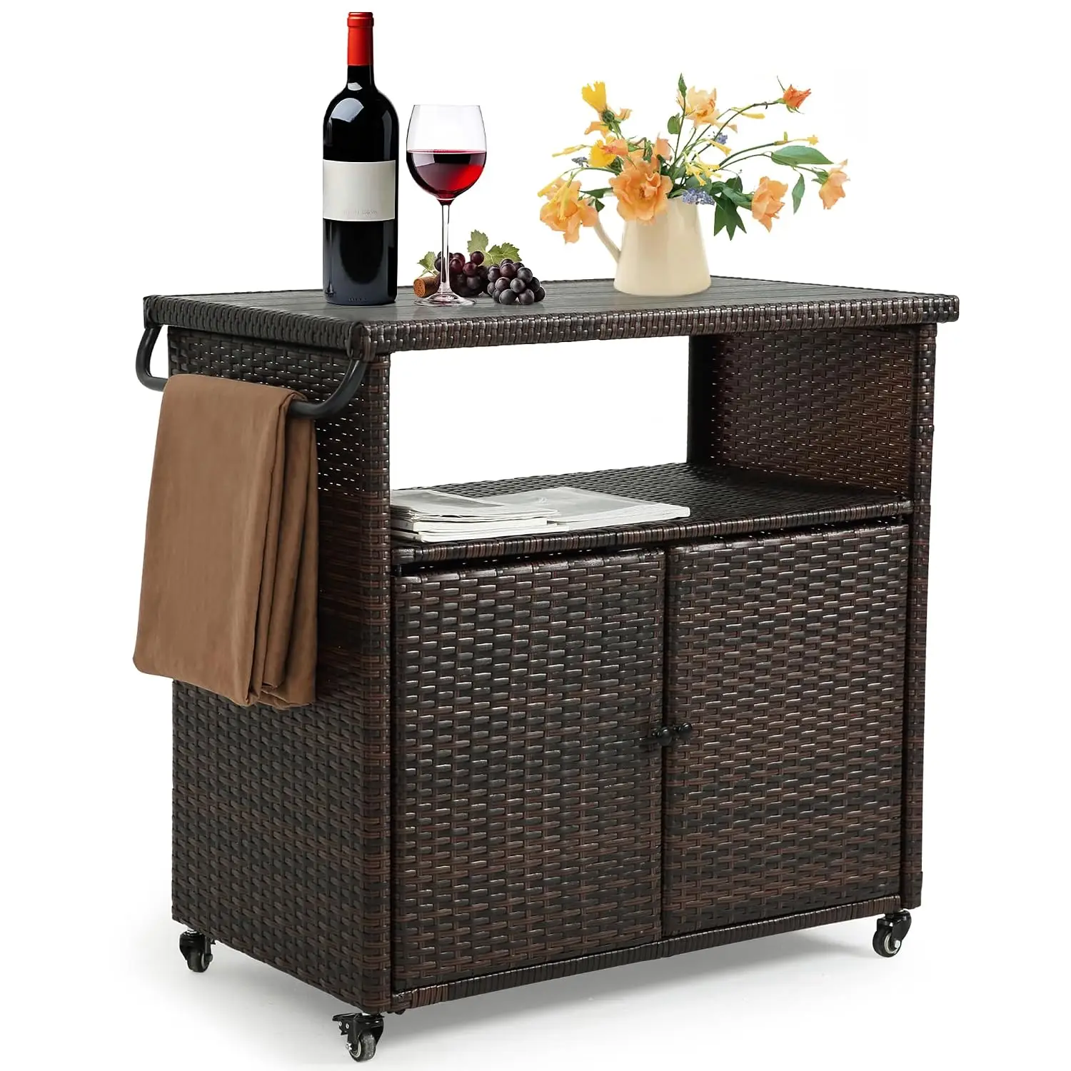 Outdoor Bar Cart Storage Cabinet Wicker Rattan Patio Kitchen Island Prep Table with Wheels Weatherproof, Customized