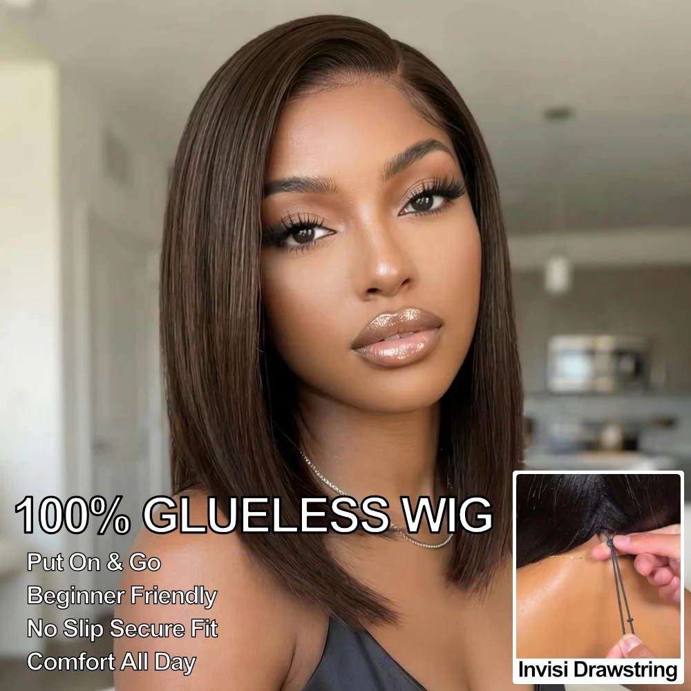 UNice No-Slip 7x5 Lace Side Part Chocolate Brown Yaki Straight Bob Wig Human Hair With Drawstring Glueless Wig Ready To Go