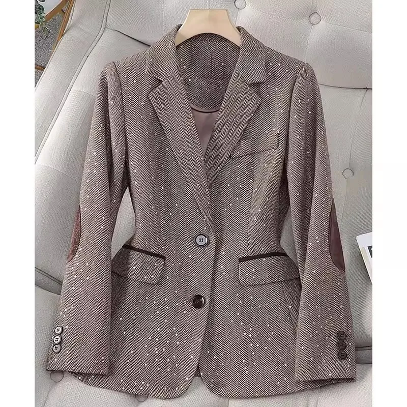 Grey Stitching Plaid Sequined Blazer Women\'s Spring and Autumn 2024 New Single-Breasted Fashion Elegant Professional Suit Jacket