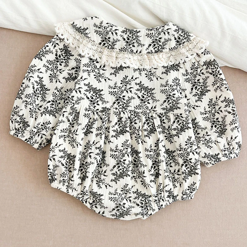 Baby Girl Floral Jumpsuit 0-24M Baby Jumpsuit Full Sleeve Lace Princess Romper Lapel Vintage Style Newborn Kids Casual Jumpsuit